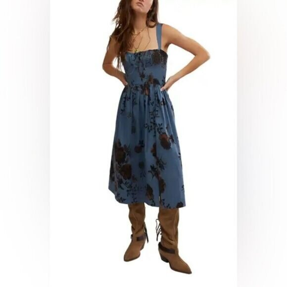 FREE PEOPLE Laters Baby Midi Dress in Storm blue and brown Combo Size Small - Picture 6 of 12